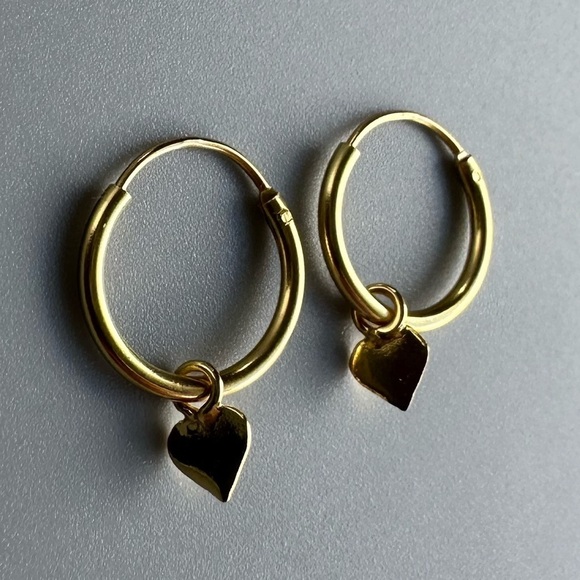 14K Gold Vermeil Hoops with Hanging Heart - Picture 7 of 7